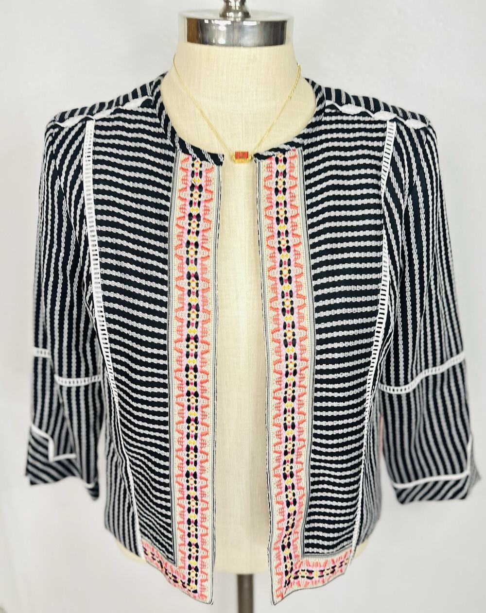NWT Rafaella Embroidered Striped Blazer Jacket Medium Boho